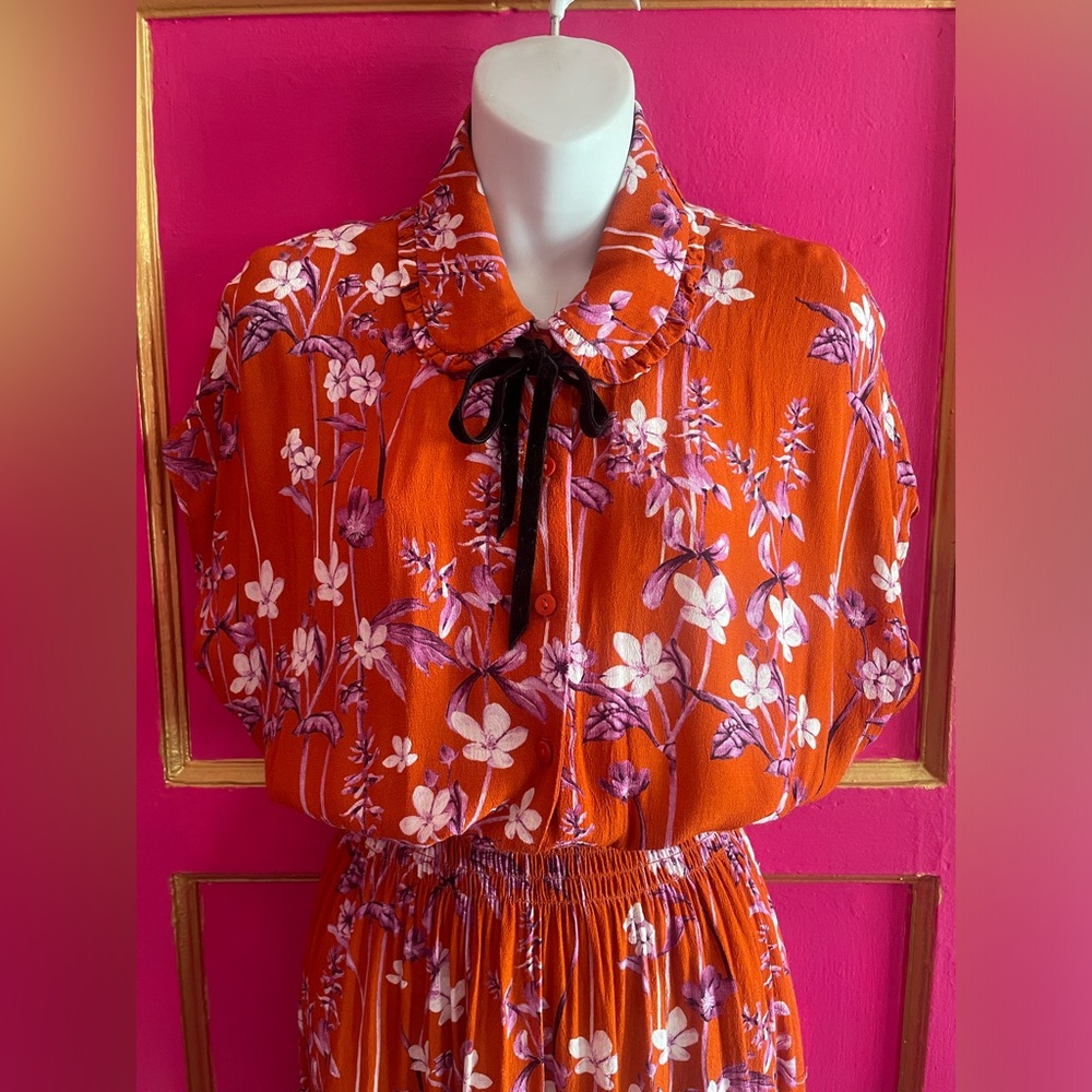 Rare Corey Lynn Calter orange & purple flower Clementine dress with velvet tie - Picture 5 of 10